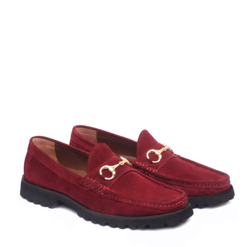 Red Suede Leather Chunky Sole Penny Loafers With Horse-bit Loafer
