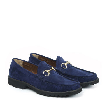 Chunky Sole Blue Loafers in Suede Leather With Horse-bit Buckle