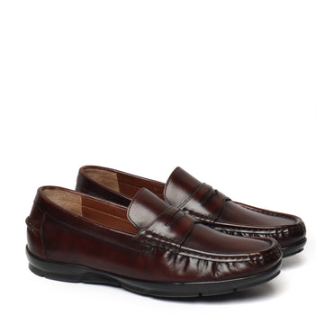 Dark Brown Leather Stitched Design Loafers
