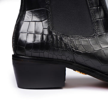 Black Croco Embossed Leather Cuban Boot with Elastic & Zip Closure