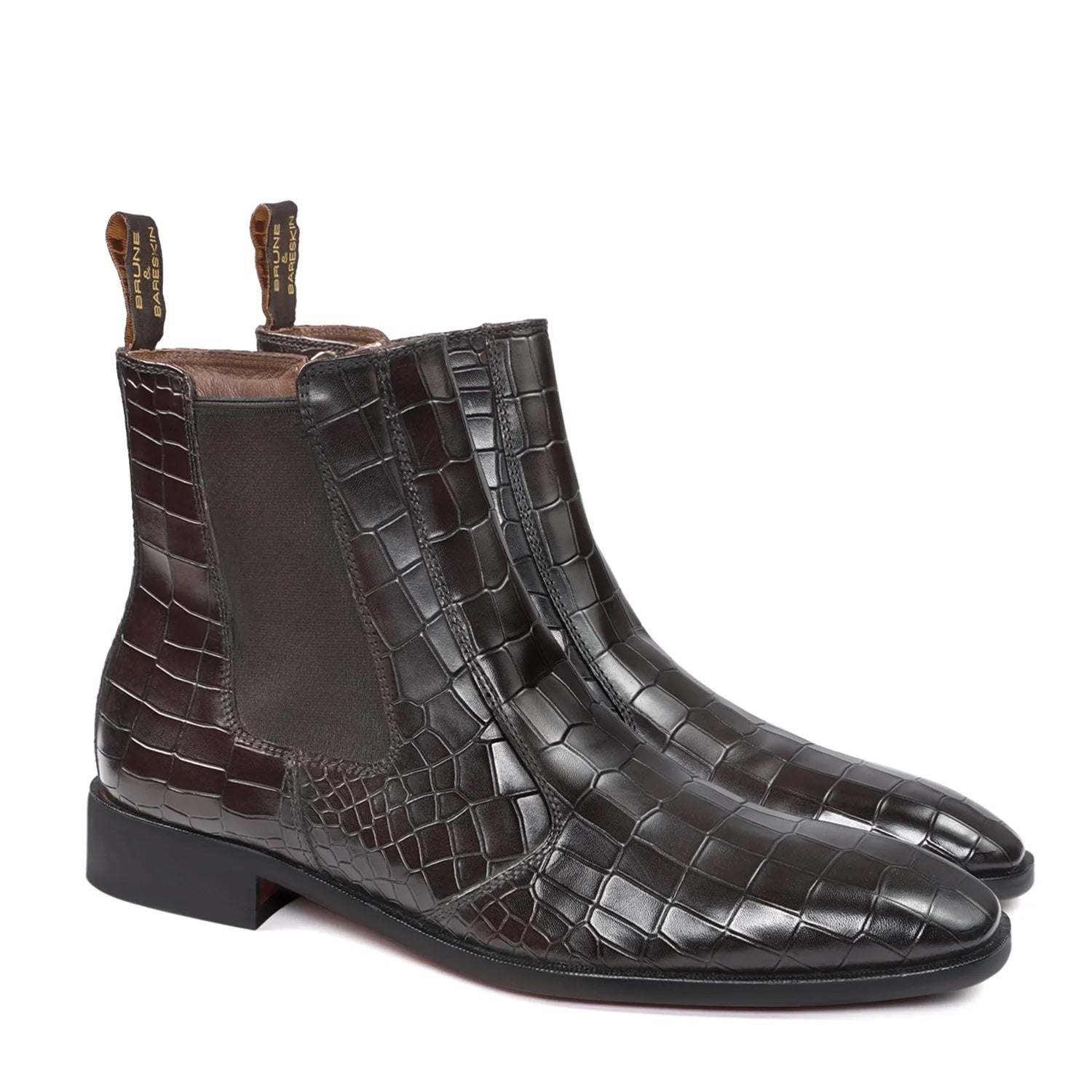 Dark Brown Chelsea Boots with Zip Closure in Croco Textured Leather