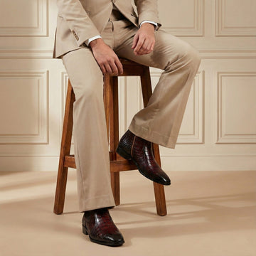 Dual Shade Patina Finish Chelsea Boots in Deep Cut Croco Leather Assisting Zip Closure Leather Sole