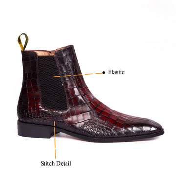 Dual Shade Patina Finish Chelsea Boots in Deep Cut Croco Leather Assisting Zip Closure Leather Sole