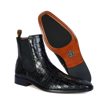 Black Deep Cut Leather Chelsea Boots with Zip Closure