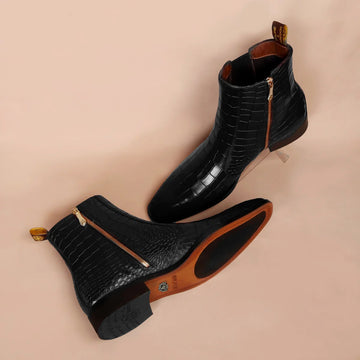 Black Deep Cut Leather Chelsea Boots with Zip Closure