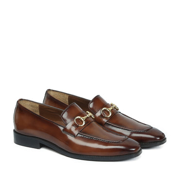 Brown Brush Off Leather Penny Loafers With Horse-bit Buckle