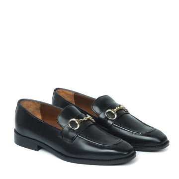 Black Leather Penny Loafers with horse-bit buckle