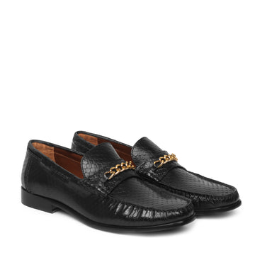 Black Snake Scales Leather Loafers with Golden Chain by Brune & Bareskin