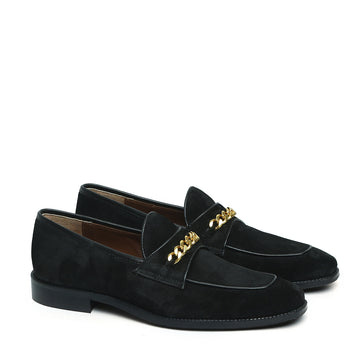 Black Suede Leather Penny Loafers with Golden Chain Embellishment