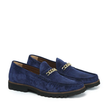 Chunky Sole Loafers in Blue Suede Leather