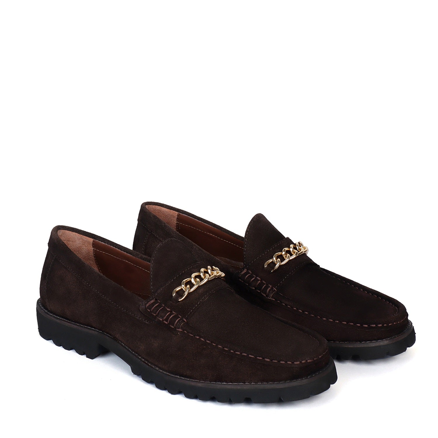 Light Weight Lug Sole Loafers in Dark Brown Suede Leather with Golden Chain