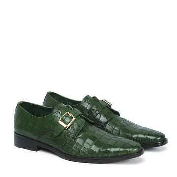 Green Deep Cut Leather Slant Toe Derby Monk Strap Shoes