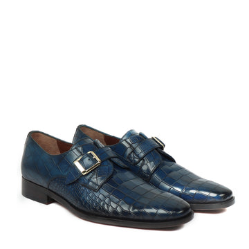 Blue Deep Cut Leather Slant Toe Derby Monk Strap Shoes