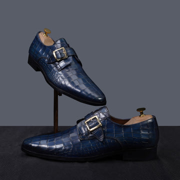Blue Deep Cut Leather Slant Toe Derby Monk Strap Shoes