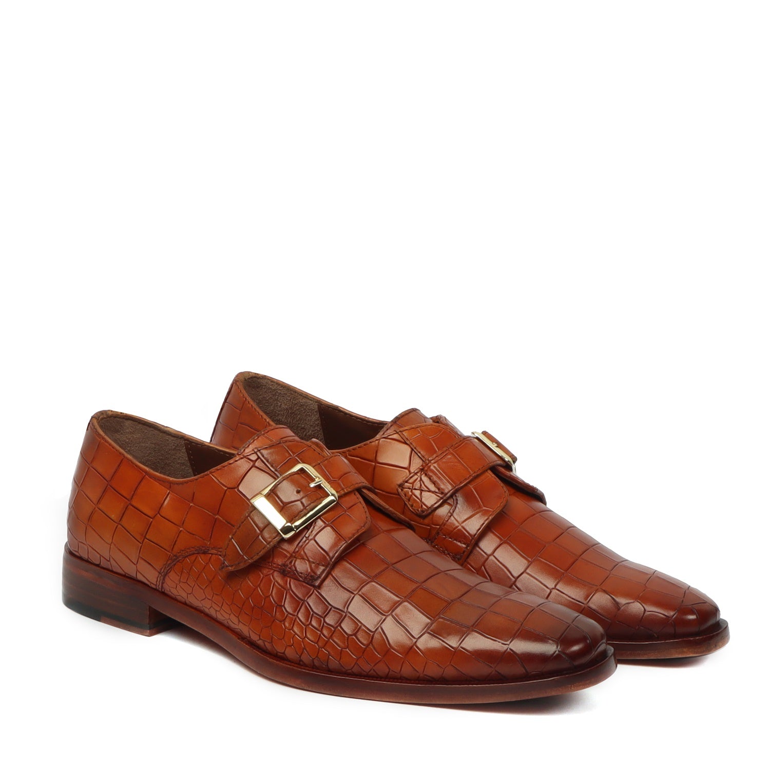 Slant Toe Formal Shoes With Derby Monk Strap Full Deep Cut Texture Leather