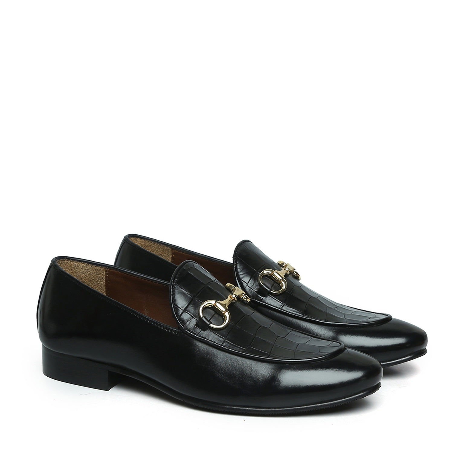 Black Horsebit Loafers With Deep Cut Croco Leather at Vamp