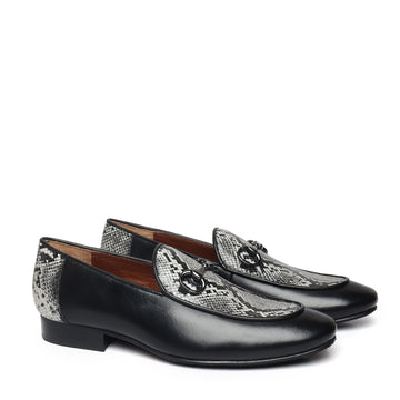 Black Horse-bit Leather Loafers With Snake Print at Vamp