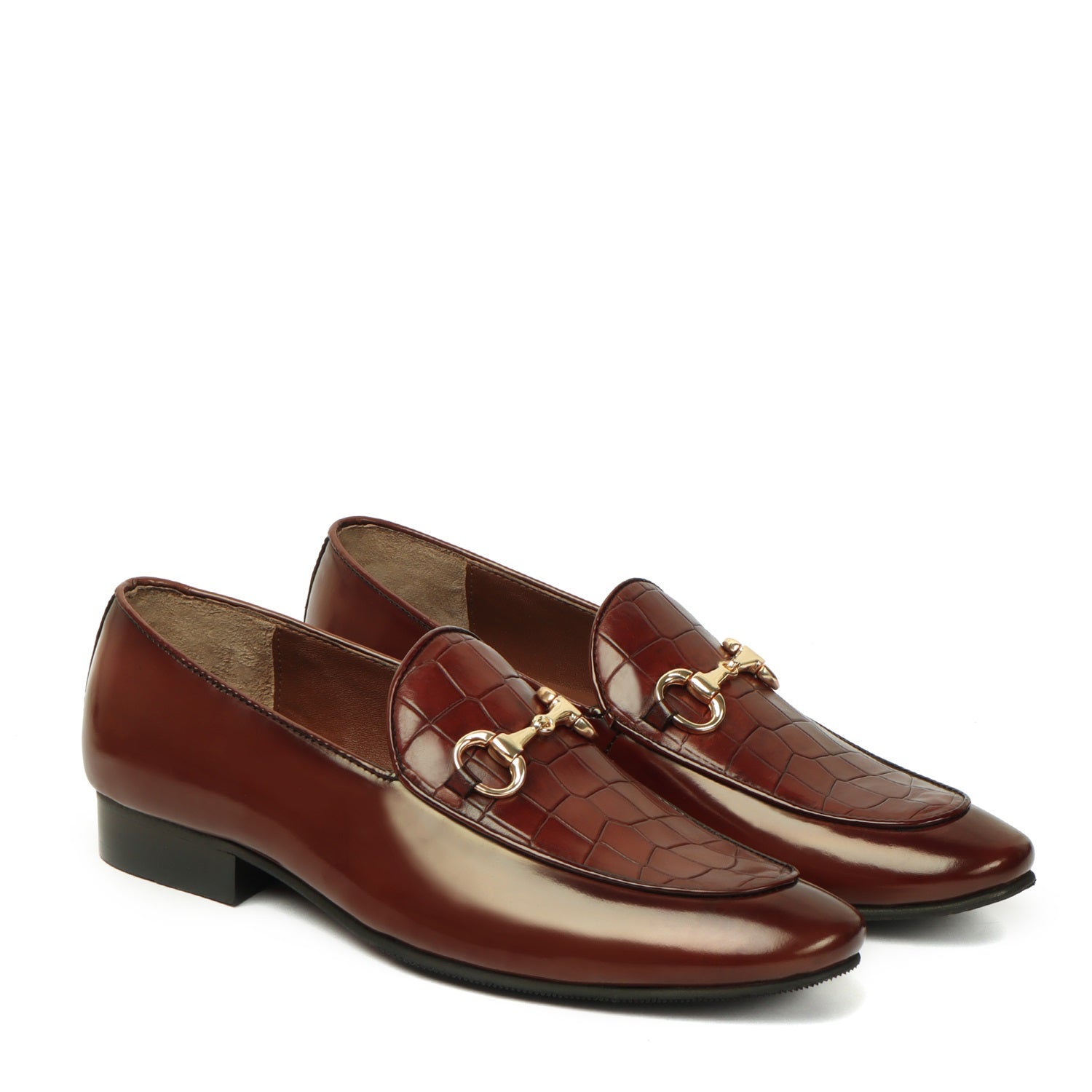 Dark Brown Patent Loafers with Deep Cut Croco Leather at Vamp