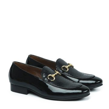 Black Patent Horsebit Loafers with Snake Print Leather at Vamp