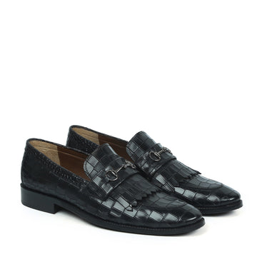 Black Slip-On Shoes in Deep Cut Leather with Fringes Horse-bit Buckled