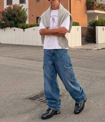 Studded Black Chunky Boots With Silver Metal Plate Deep Cut Zipper Closure