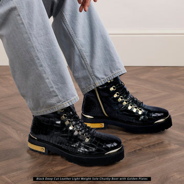 Metal Plate Black Lace-Up Chunky Boots in Croco Textured Leather