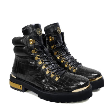 Metal Plate Black Lace-Up Chunky Boots in Croco Textured Leather