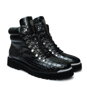 Deep Cut Leather Black Chunky Boot with Zip Closure