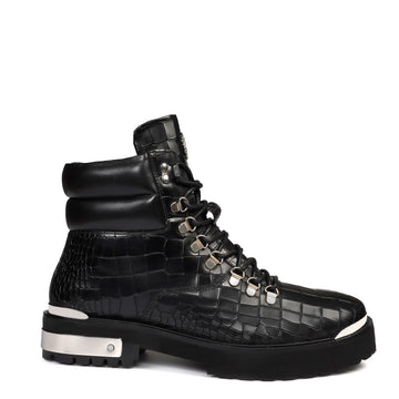 Metal Plate Black Lace-Up Chunky Boots in Croco Textured Leather with Zip Closure By Brune & Bareskin
