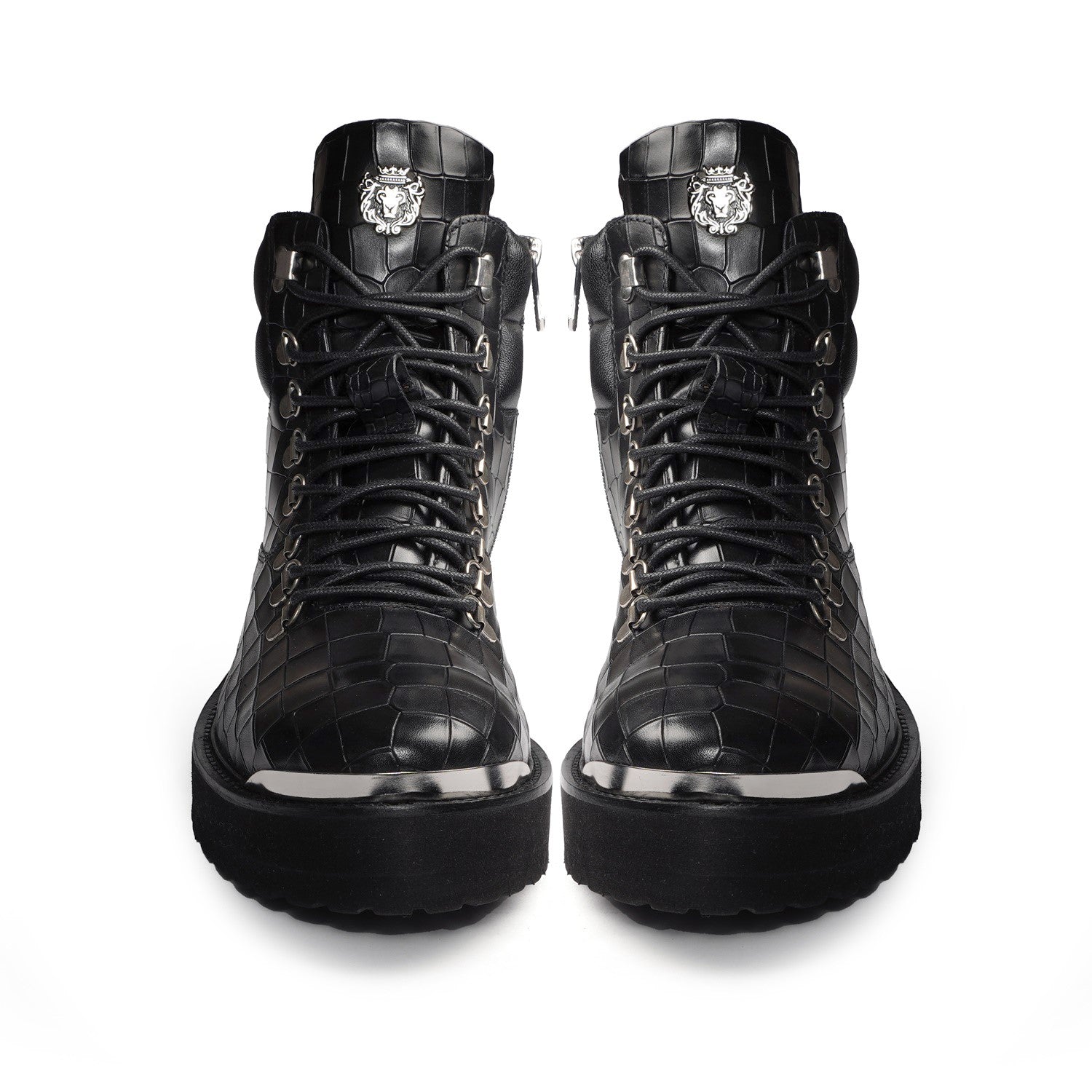 Metal Plate Black Lace-Up Chunky Boots in Croco Textured Leather with