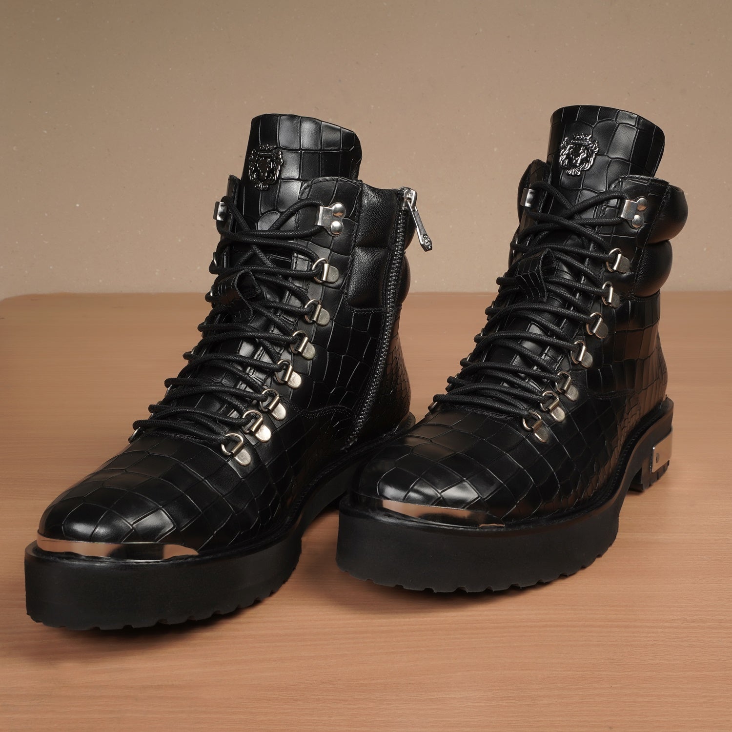 Texture Black Boots Laced Combat Boots Black Lace Up Croc Boots