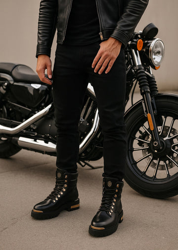 Golden Metal Plate Chunky Boot in Premium Black Leather