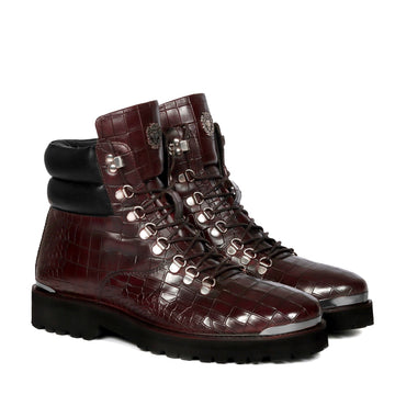 Dark Brown Chunky Boot With Deep Cut Croco Leather Metal Plate Zip Closure