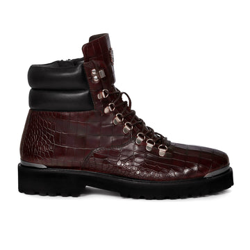 Dark Brown Chunky Boot With Deep Cut Croco Leather Metal Plate Zip Closure