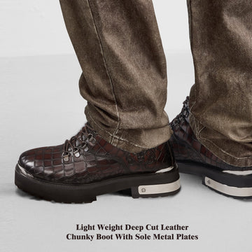 Dark Brown Chunky Boot Embossed Lion With Deep Cut Leather Metal Plate Zip Closure