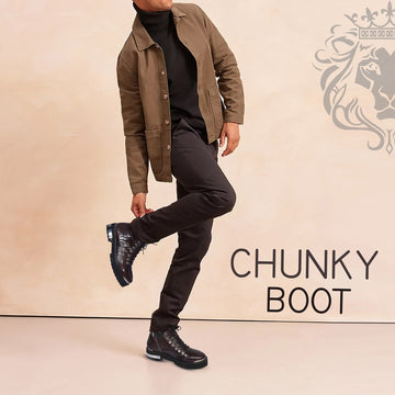 Metal Plate Chunky Boot in Coco Textured Dark Brown Leather