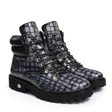Metal Plate Grey Lace-Up Chunky Boots in Croco Embossed Leather with Zip Closure