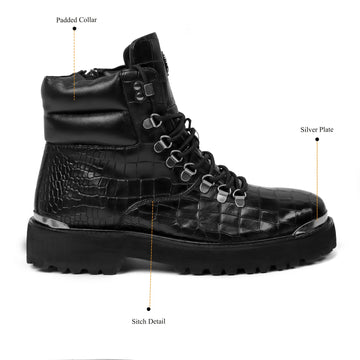 Deep Cut Leather Black Chunky Boot with Zip Closure