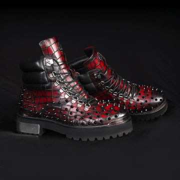 Studded Wine Chunky Boots With Silver Metal Plate Deep Cut Zipper Closure