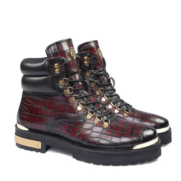 Smokey Wine Chunky Boot With Golden Metal Plate Croco Textured Leather Lace-up Closure
