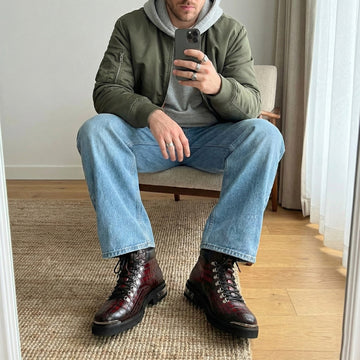 Smokey Wine Lace-Up Chunky Boots Metal Plate Zip Closure Croco Textured Leather By Brune & Bareskin