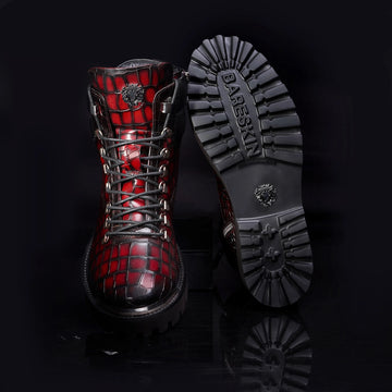 Luxury Wine Croco Leather Lace-Up Boots with Lightweight Chunky Sole