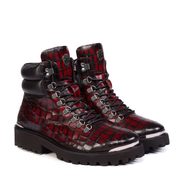 Luxury Wine Croco Leather Lace-Up Boots with Lightweight Chunky Sole