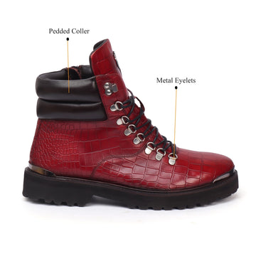 Zip Closure Wine Deep Cut Leather Chunky Boots