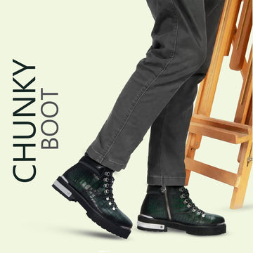 Smokey Finish Chunky Boot in Green Deep Cut Leather