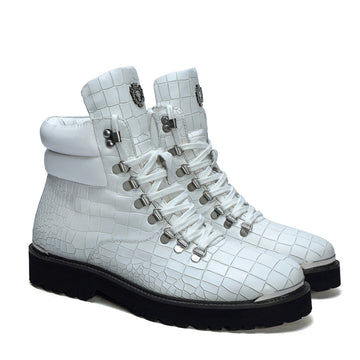 Lace-Up Chunky Boot in White Deep Cut Leather