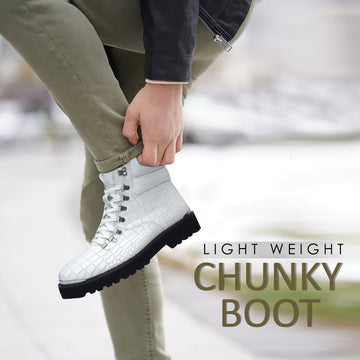 Lace-Up Chunky Boot in White Deep Cut Leather