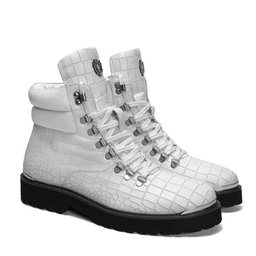 Lace-Up Chunky Boot in White Croco Embossed Leather