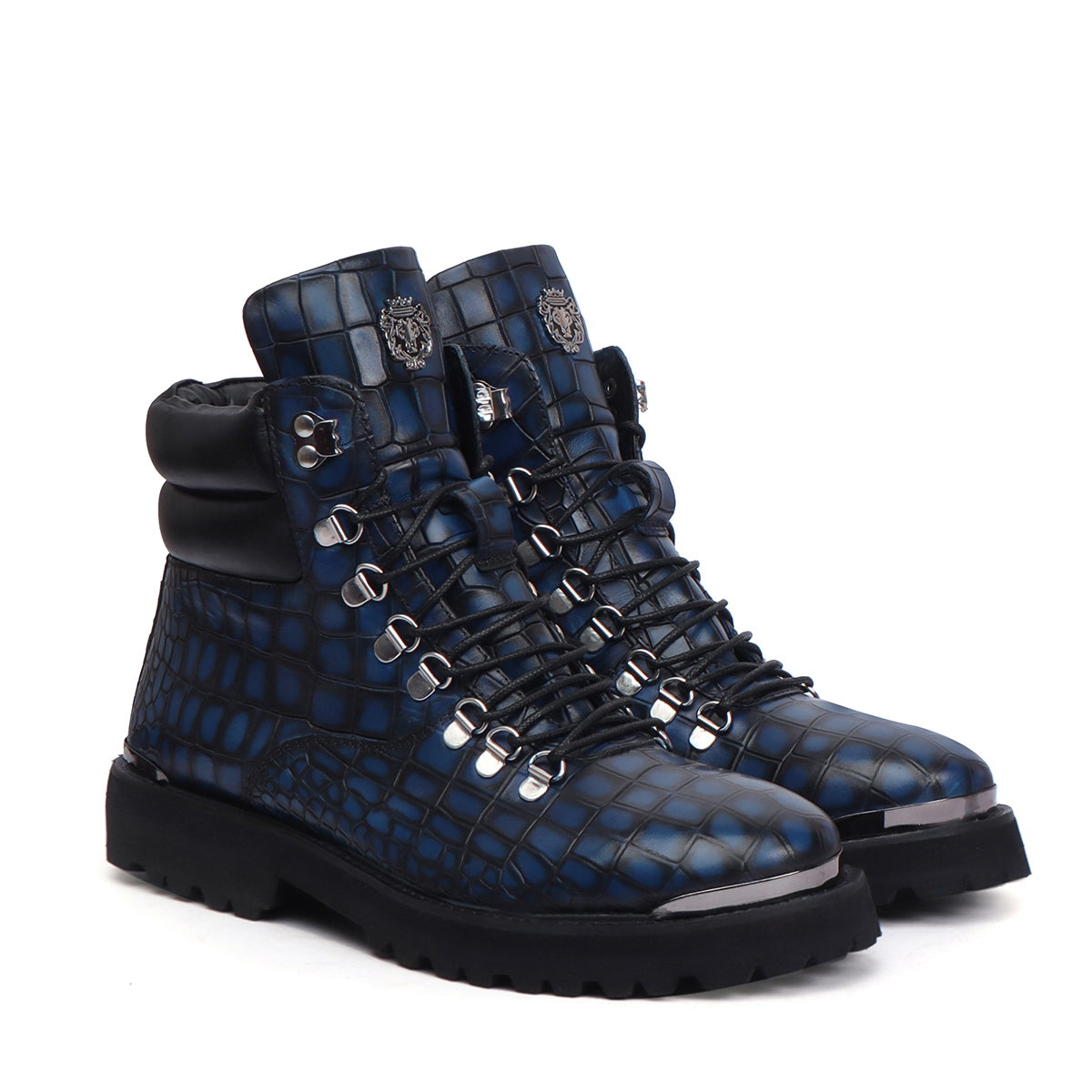 Smokey Blue Chunky Boots With Croco Textured Leather