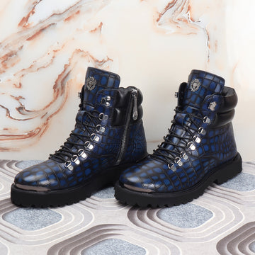 Zip Closure Smokey Blue Chunky Boot With Deep Cut Leather